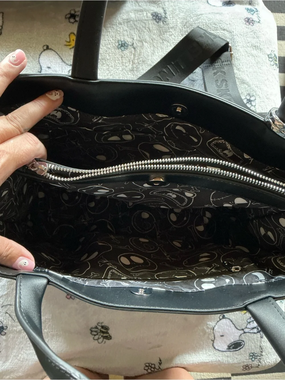 Black Women's Satchel Bag with Embossed Jack Skellington Face